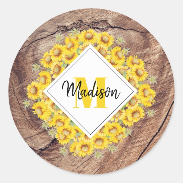 Rustic Sunflowers & Wood Texture Monogram Classic Round Sticker (Front)