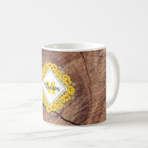 Rustic Sunflowers & Wood Texture Monogram Coffee Mug
