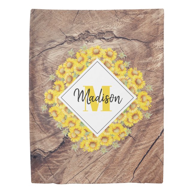 Rustic Sunflowers & Wood Texture Monogram Duvet Cover (Front)