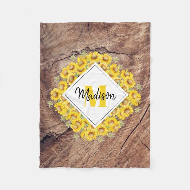 Rustic Sunflowers & Wood Texture Monogram Fleece Blanket (Front)