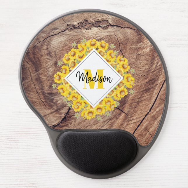 Rustic Sunflowers & Wood Texture Monogram Gel Mouse Pad (Front)