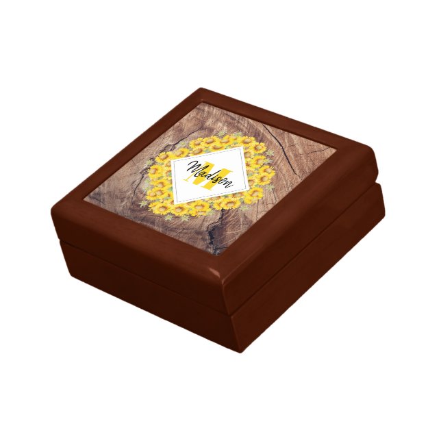 Rustic Sunflowers & Wood Texture Monogram Gift Box (Side)
