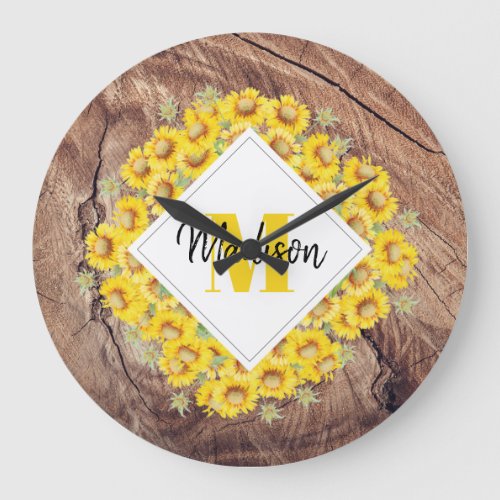 Rustic Sunflowers  Wood Texture Monogram Large Clock