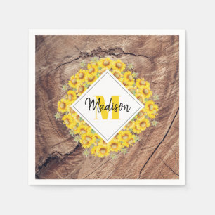 Rustic Sunflowers & Wood Texture Monogram Napkins