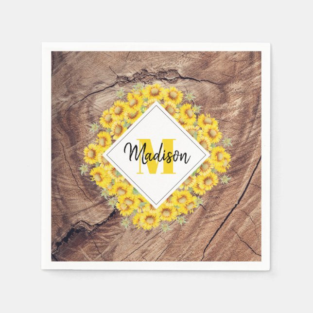 Rustic Sunflowers & Wood Texture Monogram Napkins (Front)