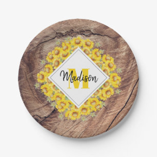 Rustic Sunflowers & Wood Texture Monogram Paper Plates