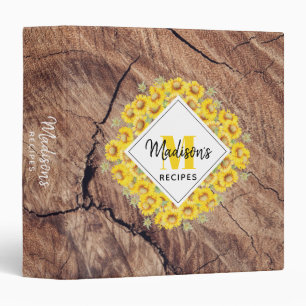 Rustic Sunflowers & Wood Texture Monogram Recipe 3 Ring Binder