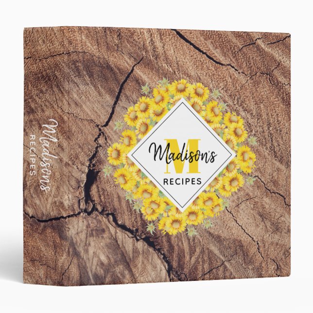 Rustic Sunflowers & Wood Texture Monogram Recipe 3 Ring Binder (Front/Spine)