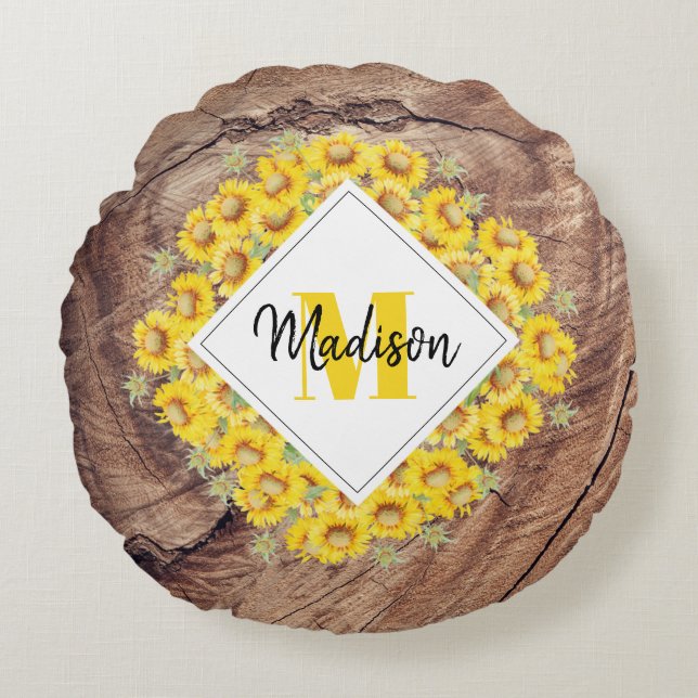 Rustic Sunflowers & Wood Texture Monogram Round Pillow (Front)