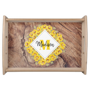 Rustic Sunflowers & Wood Texture Monogram Serving Tray
