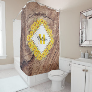 Rustic Sunflowers & Wood Texture Monogram Shower Curtain