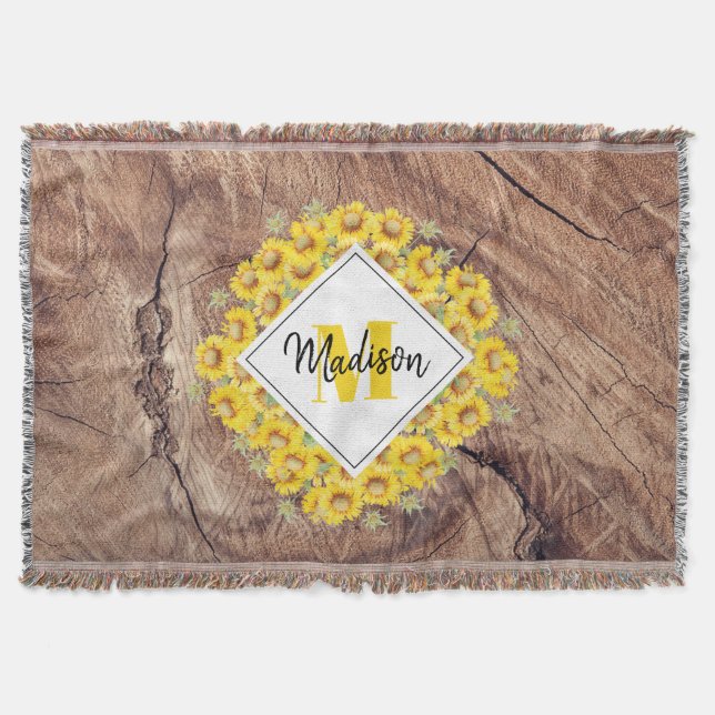 Rustic Sunflowers & Wood Texture Monogram Throw Blanket (Front)
