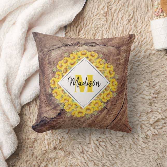 Rustic Sunflowers & Wood Texture Monogram  Throw Pillow (Blanket)