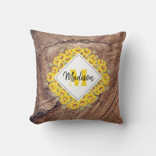 Rustic Sunflowers & Wood Texture Monogram  Throw Pillow