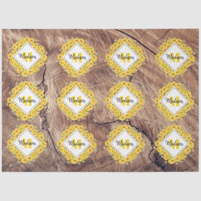 Rustic Sunflowers & Wood Texture Monogram Tissue Paper (Front)