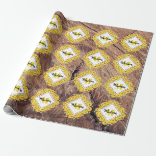 Rustic Sunflowers & Wood Texture Monogram Wrapping Paper