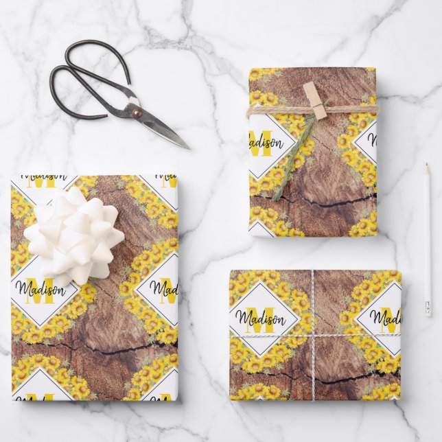 Rustic Sunflowers & Wood Texture Monogram  Wrapping Paper Sheets (Front)