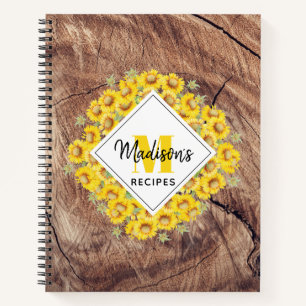 Rustic Sunflowers & Wood Texture Recipe Cookbook Notebook