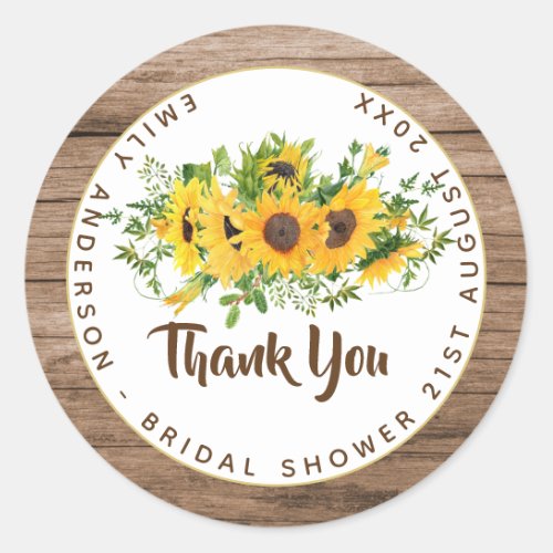 Rustic Sunflowers Wood Thank You Wedding Favor Classic Round Sticker