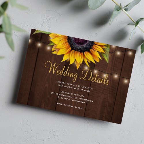 Rustic sunflowers wood wedding guest details enclosure card