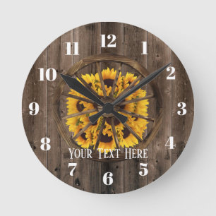 Rustic Sunflowers & Wood Wheel Country Round Clock