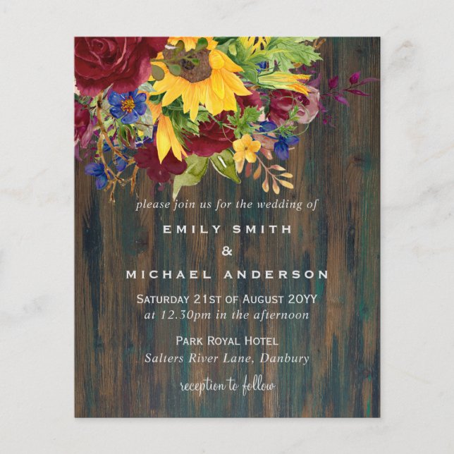Rustic Sunflowers Yellow Burgundy Floral Wedding (Front)