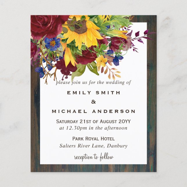 Rustic Sunflowers Yellow Burgundy Floral Wedding (Front)