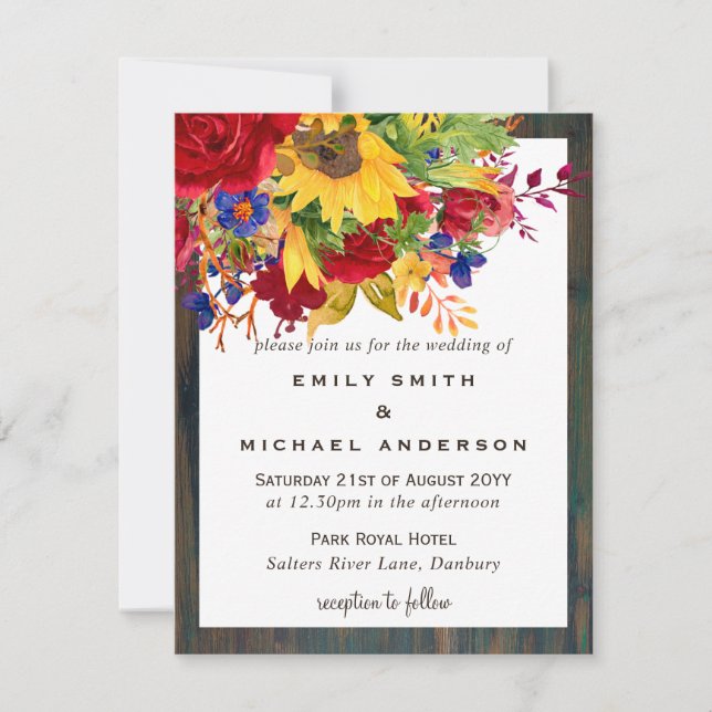 Rustic Sunflowers Yellow Red Blue Floral Wedding Holiday Card (Front)