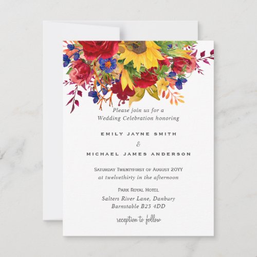 Rustic Sunflowers Yellow Red Blue Floral Wedding Holiday Card