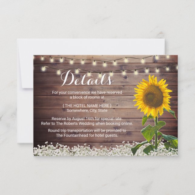 Rustic Sunfower String Lights Barn Wedding Details Invitation (Front)