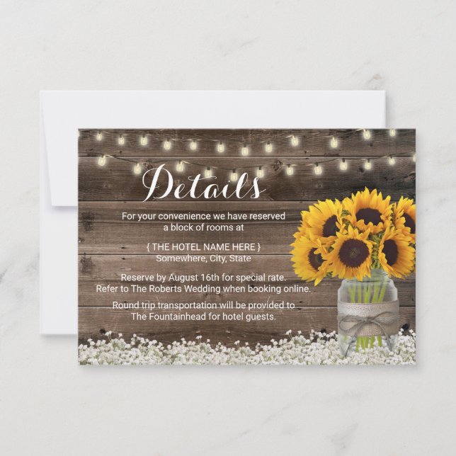 Rustic Sunfowers Wedding Details Accommodation Invitation (Front)