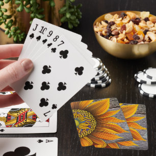 Rustic Sunny Sunflower on Barn Board Poker Cards