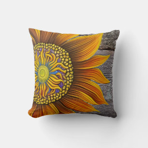 Rustic Sunny Sunflower on Barn Board Throw Pillow