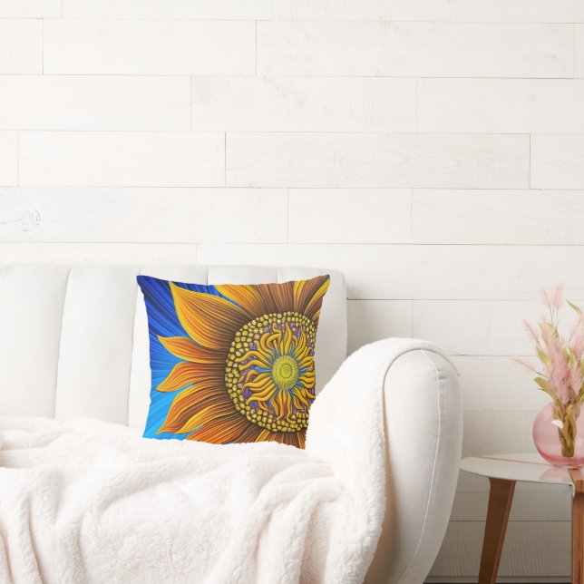 Rustic Sunny Sunflower on Blue Throw Pillow (Couch)