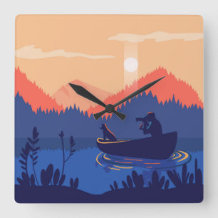 Rustic Sunset Fishing Scene Square Wall Clock