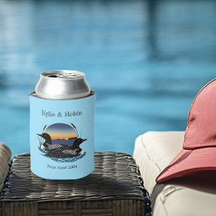 Rustic Sunset Vintage Loons Lake Wedding Can Cooler
