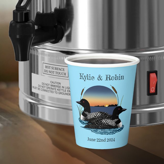 Rustic Sunset Vintage Loons Lake Wedding Paper Cups (Creator Uploaded)