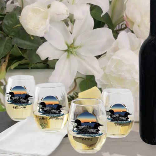Rustic Sunset Vintage Loons Lake Wedding Stemless Wine Glass