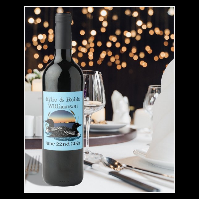 Rustic Sunset Vintage Loons Lake Wedding Wine Label (Creator Uploaded)