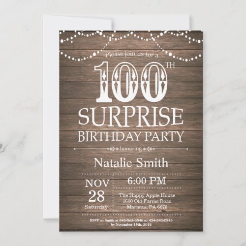 Rustic Surprise 100th Birthday Invitation