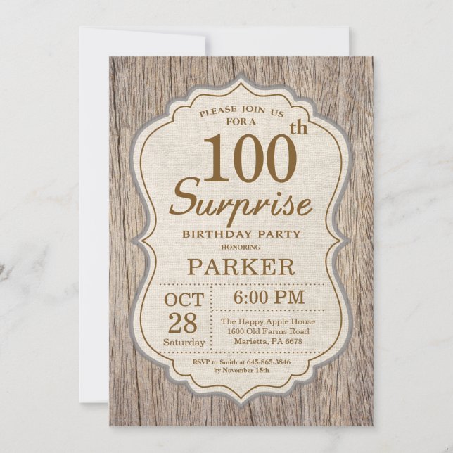 Rustic Surprise 100th Birthday Invitation Wood (Front)