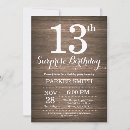 Rustic Surprise 13th Birthday Invitation