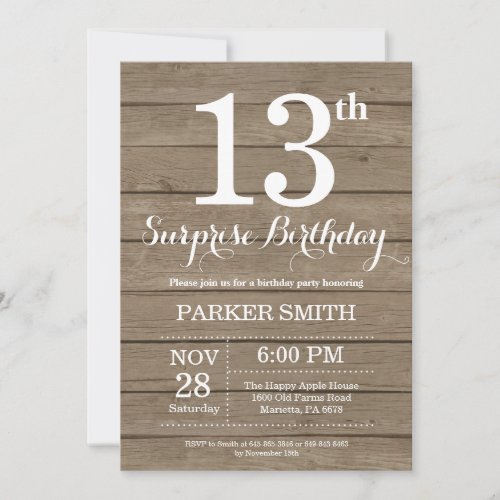 Rustic Surprise 13th Birthday Invitation