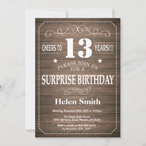 Rustic Surprise 13th Birthday Invitation