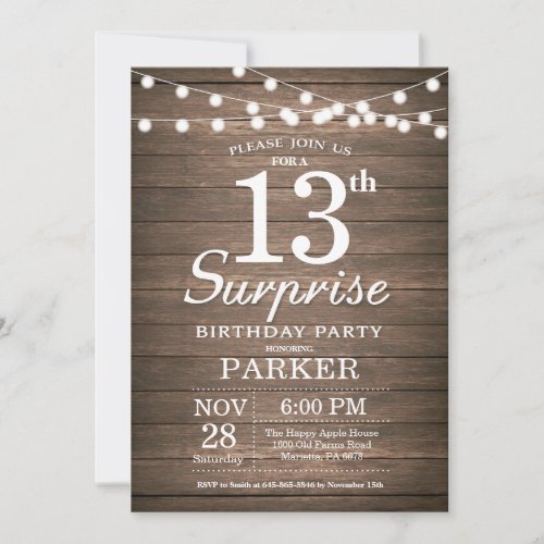 Rustic Surprise 13th Birthday Invitation Wood