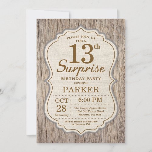 Rustic Surprise 13th Birthday Invitation Wood