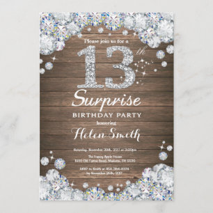 Rustic Surprise 13th Birthday Silver Diamond Invitation
