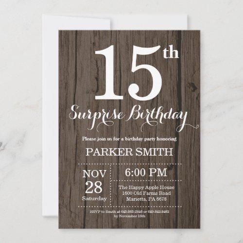 Rustic Surprise 15th Birthday Invitation