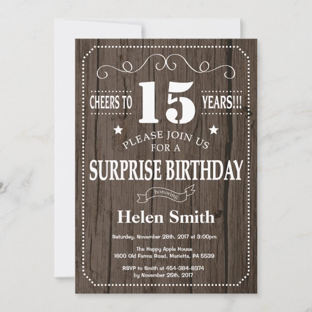 Rustic Surprise 15th Birthday Invitation (Front)