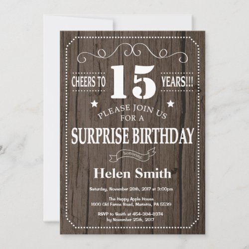 Rustic Surprise 15th Birthday Invitation